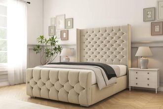 Comfort Beds Monte Carlo Plush Bed Frame - 50 Upholstered Wingback Headboard in Cream | Size: Single