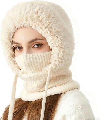 Generic 3 in 1 Beanie Hat for Women,3 in 1 Beanie Hat with Scarf and Mask,Cold Resistant Knit Hooded Scarf and Neck Warmer (Beige)