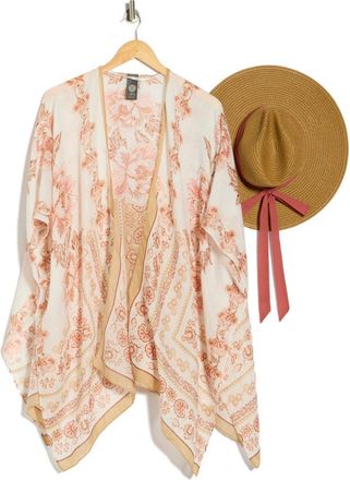 Vince Camuto Floral Scarf Print Ruana & Straw Hat Set in Neutral at Nordstrom Rack