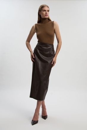 Karen Millen Womens Petite Faux Leather Seam Waist Detail Pencil Midi Skirt - Chocolate - Size 16 UK