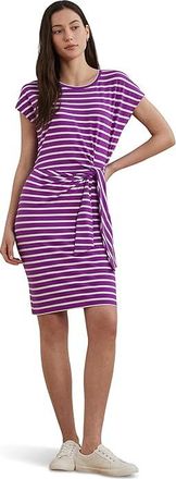 Lauren Ralph Lauren Striped Tie-front Jersey Dress Womens Dress Purple Dawn/White : LG, Cotton/Elastane/Modal