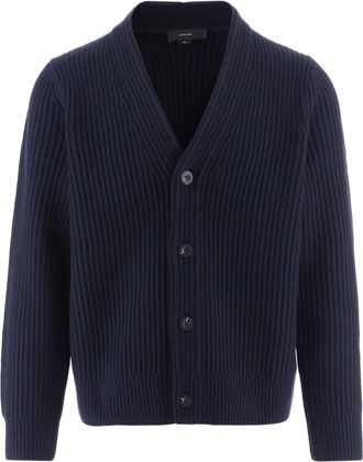 Vince Navy Deep V-Neck Ribbed Merino Wool-Blend Cardigan