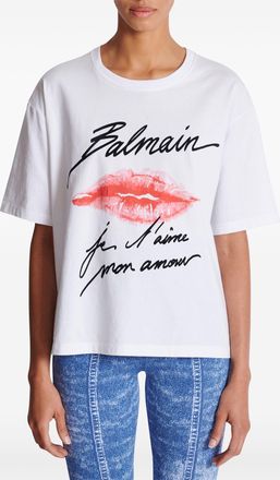Balmain Womens Kiss Print T-shirt - White Cotton - Size Medium
