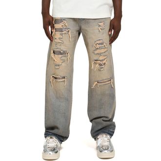 Purple Tinted Sequin Ripped & Repaired Straight Leg Jeans in Light Indigo at Nordstrom Rack, Size 31