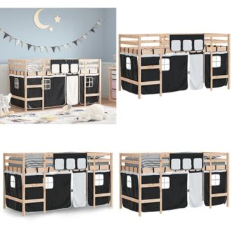vidaXL Letto a Soppalco con Tende Bambini Bianco e Nero 80x200 cm Pino - Letto a soppalco bambini - Letto a soppalco in legno