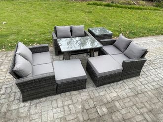 Fimous Outdoor Lounge Sofa Set Wicker PE Rattan Garden Furniture Set with Rectangular Dining Table 2 Seat Sofa 2 Big Footstool in Dark Grey