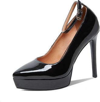 Generic Womens Pointed Toe Platform Stiletto Heel Pumps Patent Leather Upper Ankle Strap with Adjustable Buckle Closure Cushioned Insole Non Slip Elegant Dres