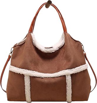 Generic Women Suede Tote with Faux Lamb Wool Lining, Vintage Large Capacity Plush Shoulder Bag, Lined Small Bag (Brown)