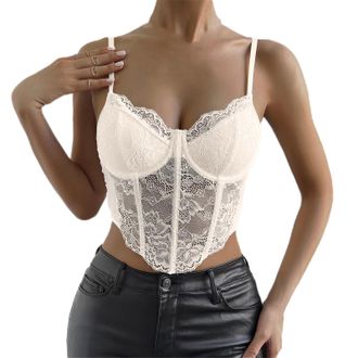 Generic Womens Basic Slim Fit Shirt Tops 2025 Womens Sexy Lace Mesh Corset Vest Spaghetti Strap Tops Going Out for Indoor Outdoor Workout Xmas Gifts (Beige, L