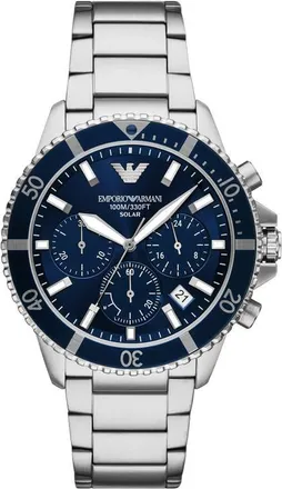 Emporio Armani World Explorer Solar Chronograph Bracelet Watch, 43.5mm in Silver/blue Dial at Nordstrom