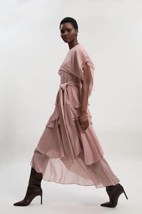 Karen Millen Womens Ruffle detail chiffon woven maxi dress - Dusty Pink - Size 16 UK
