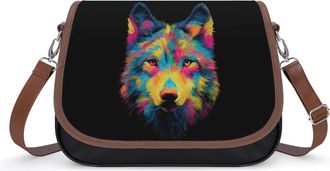 Generic Colorful Wolf Crossbody Bag Womens Handbag PU Message Bags Shoulder Purse with Adjustable Strap