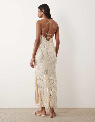 Miss Selfridge Vestito midi color avorio decorato con perle e paillettes-Bianco