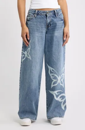 YMI Tattoo Butterfly High Waist Wide Leg Jeans in Medium Wash at Nordstrom, Size 13