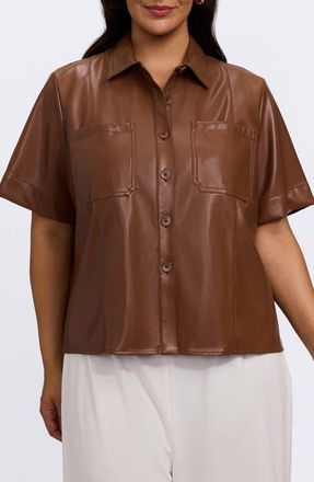 Foxcroft Demi Elbow Sleeve Faux Leather Button-Up Shirt in Macchiato at Nordstrom, Size 1 X
