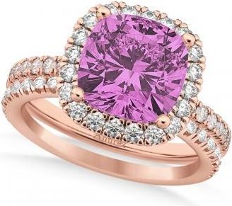 Allurez Pink Sapphire & Diamonds Cushion-Cut Halo Bridal Set 14K Rose Gold (3.38ct)
