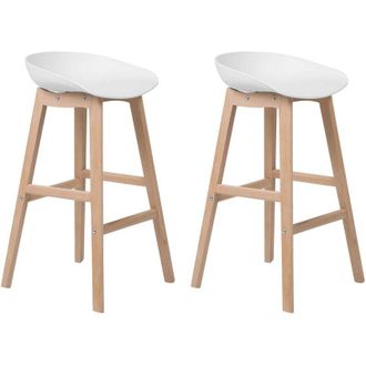 Beliani Set di 2 Sgabelli Alti in Legno Chiaro e Plastica Bianca 85 cm Miccio