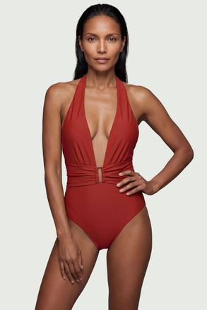 Karen Millen Womens Halter Neck Hardware Detail Plunge Swimsuit - Rust Nylon - Size X-Small
