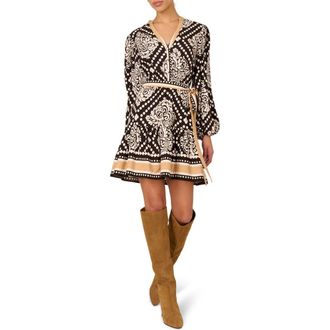 Adrianna Papell Mixed Print Long Sleeve Dress in Black/Ivory at Nordstrom, Size 12
