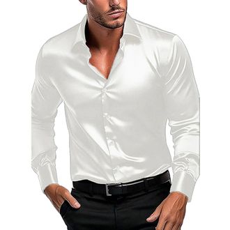 Generic Mens Luxury Dress Shirts Long Sleeve Silk Shirt Like Satin Non Iron Shirts Casual Business Shirts Prom Performing Shirts Formal Shirts Button Down Top