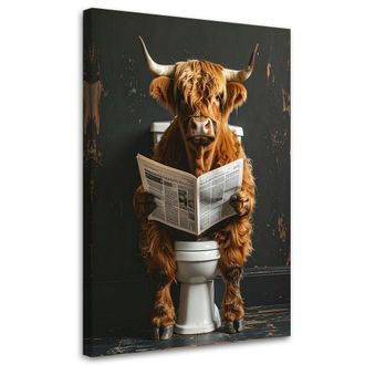 Feeby Cuadro Sobre Lienzo, Vaca Escocesa Leyendo El Peri&oacute;dico Negro Y Dorado, 80x120