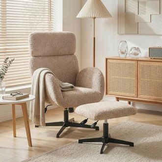 HOMCOM Swivel Armchair with Footstool, Rocking Accent Chair in Light Brown