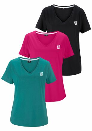 H.I.S T-Shirt H.I.S Essential-Basics, Damen, Gr. 40/42, bunt (schwarz, pink, t&uuml;rkis), Single Jersey, Obermaterial: 100% Baumwolle, unifarben, Basic, figurum