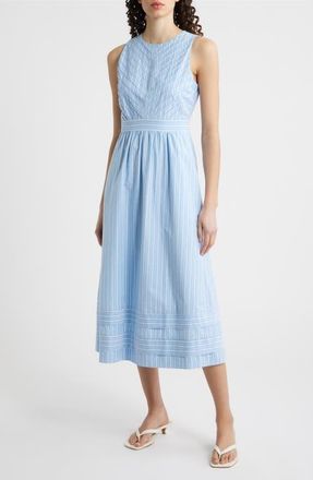Eliza J Stripe Sleeveless Cotton Blend Midi Dress in Blue White at Nordstrom, Size 14
