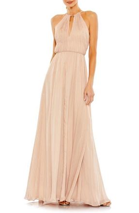 Mac Duggal Chain Trim Keyhole Halter Neck A Line Gown in Beige at Nordstrom, Size 10
