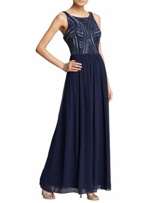 Aidan Mattox Beaded Bateau Bodice Sleeveless Maxi Dress In Silver