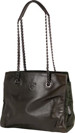 Prada Brown Green Leather Nylon Shoulder Bag Tote Bag (Pre-Owned)