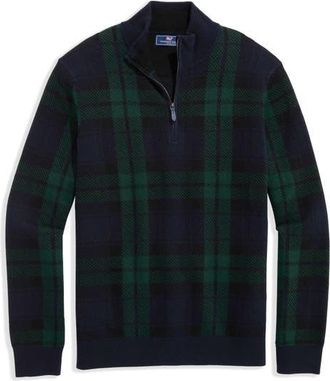 Vineyard Vines Plaid Quarter Zip Merino Wool & Cotton Sweater in Blackwatch Plaid at Nordstrom, Size Xx-Large
