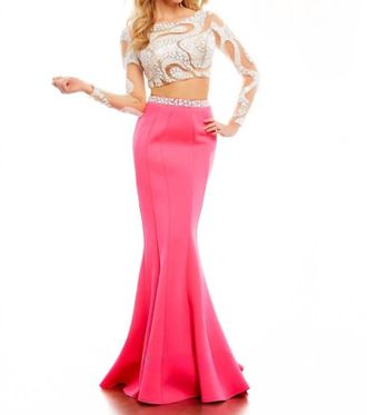 Mac Duggal Long Sleeve Two-Piece Gown In Hot Pink