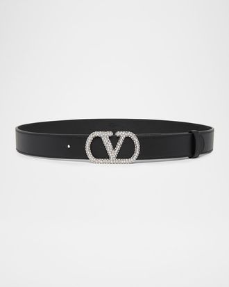 Valentino Garavani VLogo Signature Crystal-Embellished Leather Belt, 30mm