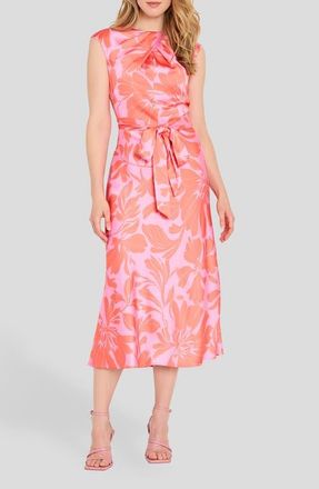 Tahari by ASL Floral Cross Neck Sleeveless Midi Dress in Guava Flamingo at Nordstrom, Size 12