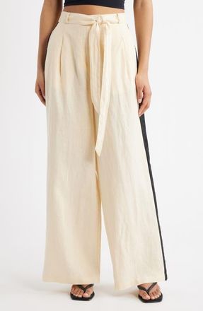 Mango Side Stripe Linen Drawstring Pants in Ecru at Nordstrom, Size 10
