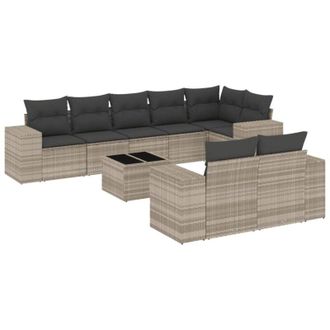 vidaXL Set Muebles Jard&iacute;n 9 Pzas Y Cojines Rat&aacute;n Sint&eacute;tico Gris Claro Vidaxl