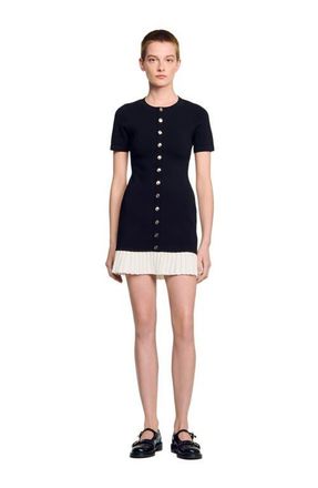 Sandro mini knit dress with ruffle in Black /Ecru at Nordstrom, Size 38 Eu