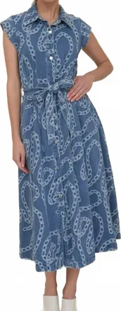 ZOE AND CLAIRE Cap Sleeve Chain Jacquard Dress In Denim