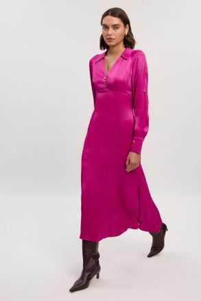 Karen Millen Womens Viscose Satin V Neck Long Sleeve Woven Midi Dress - Pink - Size 14 UK
