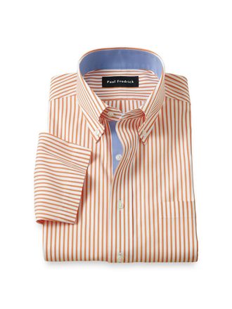 Paul Fredrick Tailored Fit Comfort Stretch Non-iron Stripe Dress Shirt With Contrast Trim
