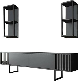 Dmora Mobile porta tv Ananke, Credenza da soggiorno, Armadio basso per tv, Base parete attrezzata, 180x30h48 cm, Noce e Nero, con imballo rinforzato, con