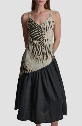 DKNY Colorblock Asymmetric Flounce Linen Dress in Brushed Sandbed/Black at Nordstrom, Size X-Large
