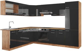 Vicco Cucina angolare completa R-Line, Antracite lucido/oro power oak, 227 x 287 cm, pl Rovere