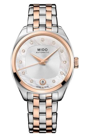 Mido Belluna Royal Lady Mother-of-Pearl & Diamond Automatic Two-Tone Bracelet Watch, 33mm in Silver at Nordstrom