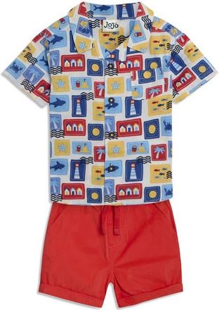 JoJo Maman Bébé Seaside Print Cotton Camp Shirt & Drawstring Shorts Set in Red at Nordstrom, Size 18-24M