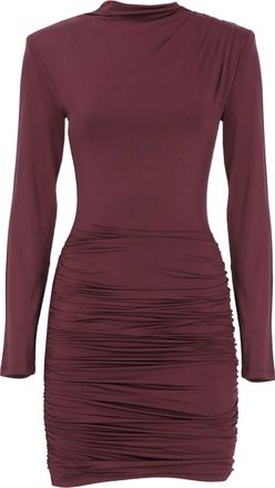 Rotate Fitted Burgundy Draped Dress With Padded Shoulders