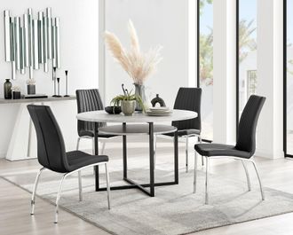 Furniturebox Adley Grey Concrete Effect Round Dining Table & 4 Isco Faux Leather Chairs in Black