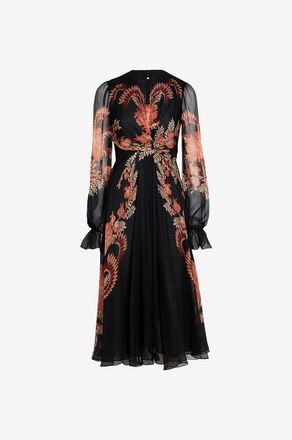 Etro Drapiertes ausgestelltes Midi-Seidengeorgettekleid mit Blattwerkprint