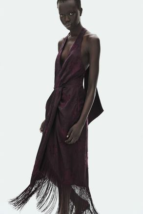 H&M Jacquard-weave Dress With Fringe in Dark Plum Purple at Nordstrom, Size X-Large